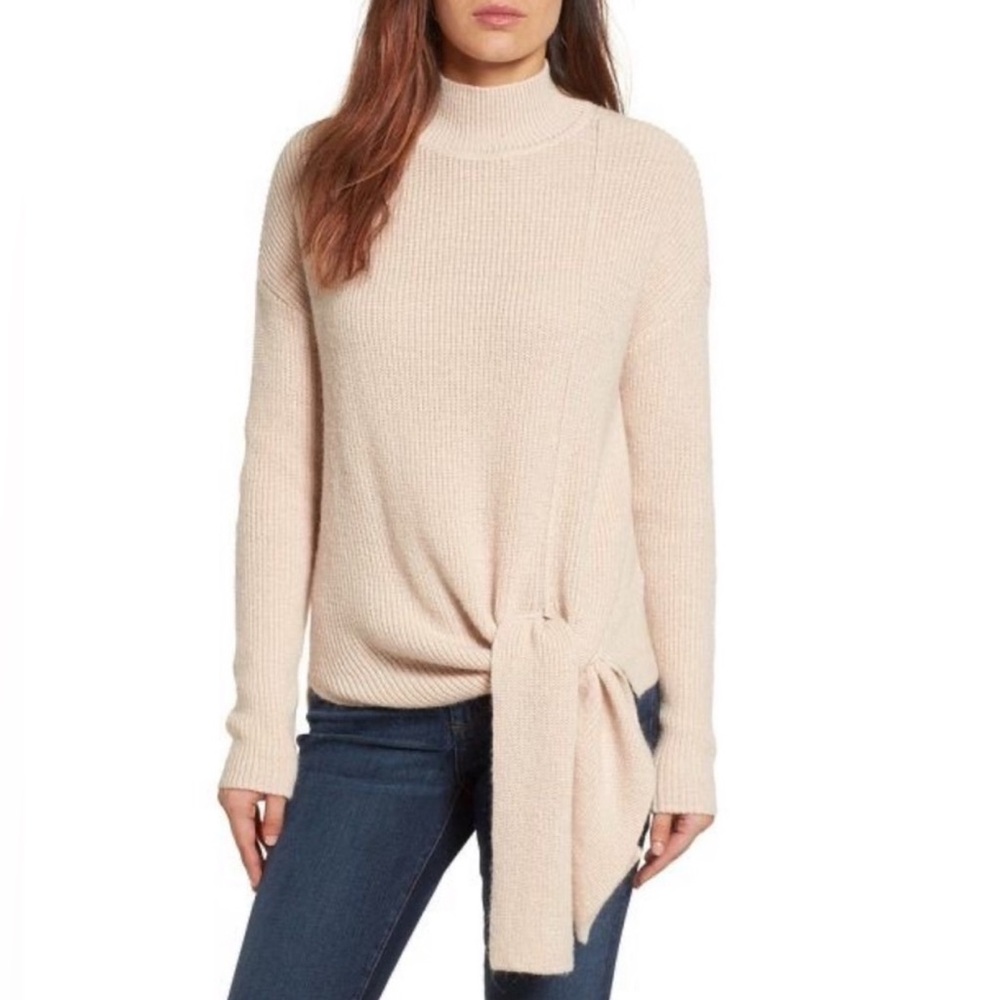 HALOGEN TIE FRONT MOCK NECK SWEATER IN OATMEAL